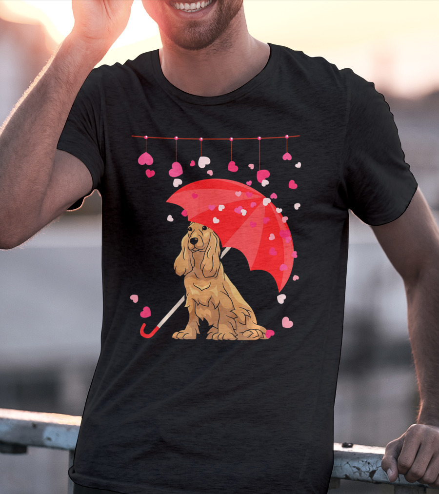 Cocker Spaniel Under Red Umbrella With Falling Hearts Valentines T-Shirt