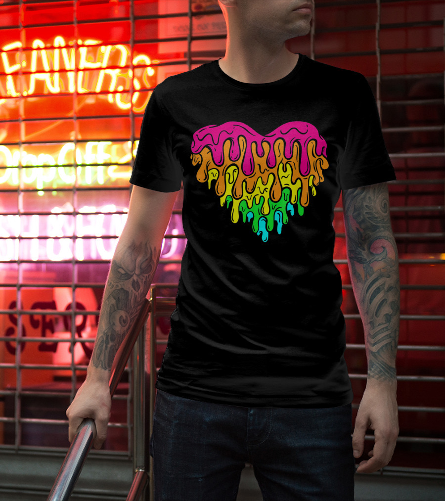 Cool Retro 80s Neon Dripping Rainbow Valentines Day Heart T-Shirt