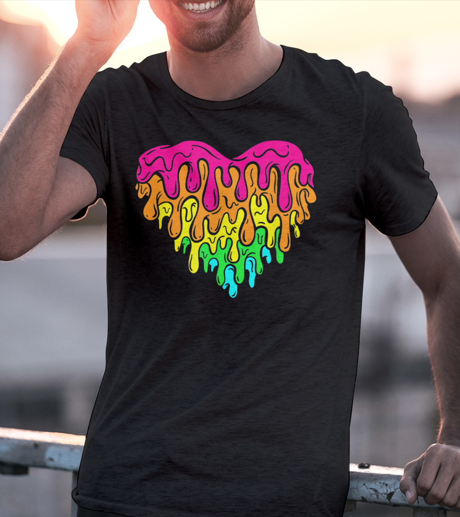 Cool Retro 80s Neon Dripping Rainbow Valentines Day Heart T-Shirt