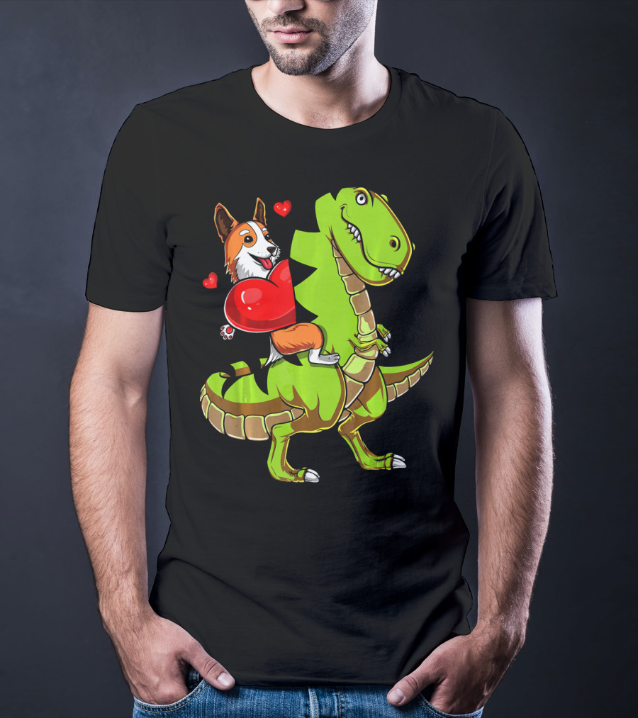 Corgi Dog Riding T-Rex Dinosaur With Hearts Valentin T-Shirt
