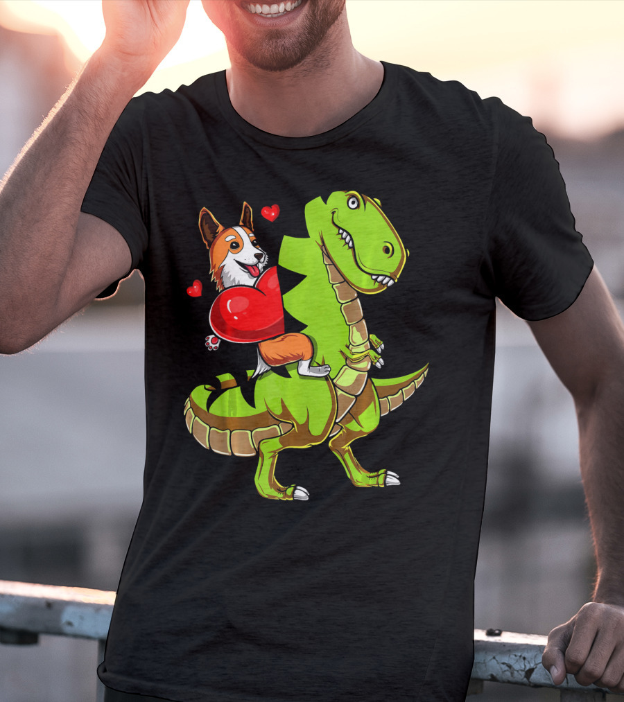 Corgi Dog Riding T-Rex Dinosaur With Hearts Valentin T-Shirt