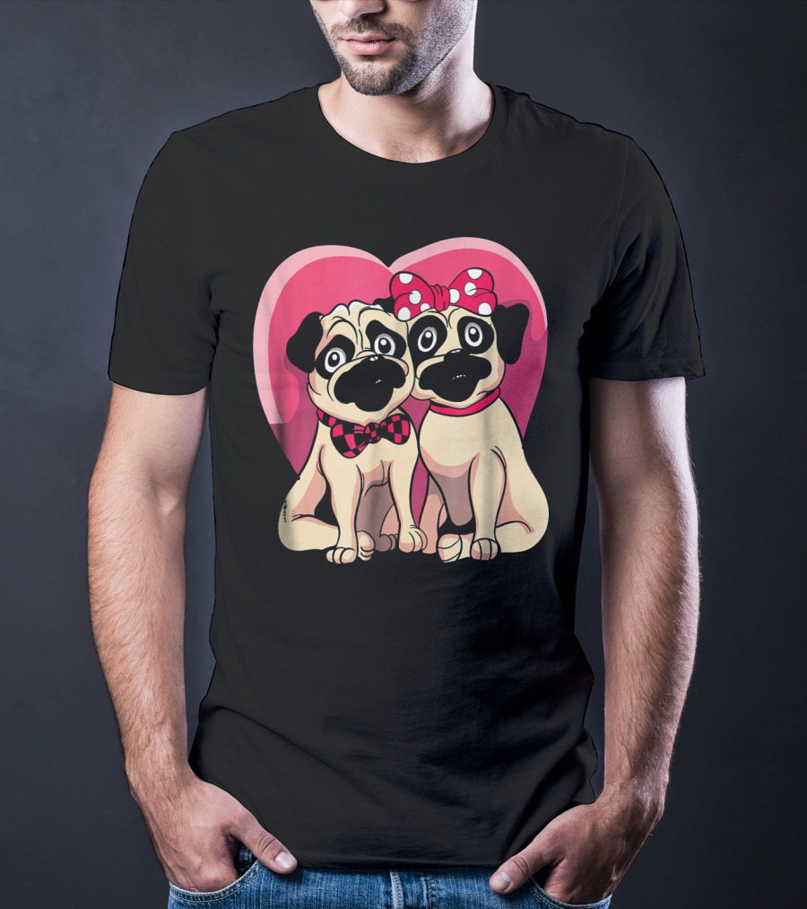 Cute Pug Valentine Puppy Love Co Heart Bow Tie Bow T-Shirt