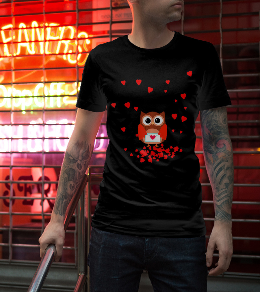 Valentine Owl Holding Love Letter Surrounded By Hearts T-Shirt