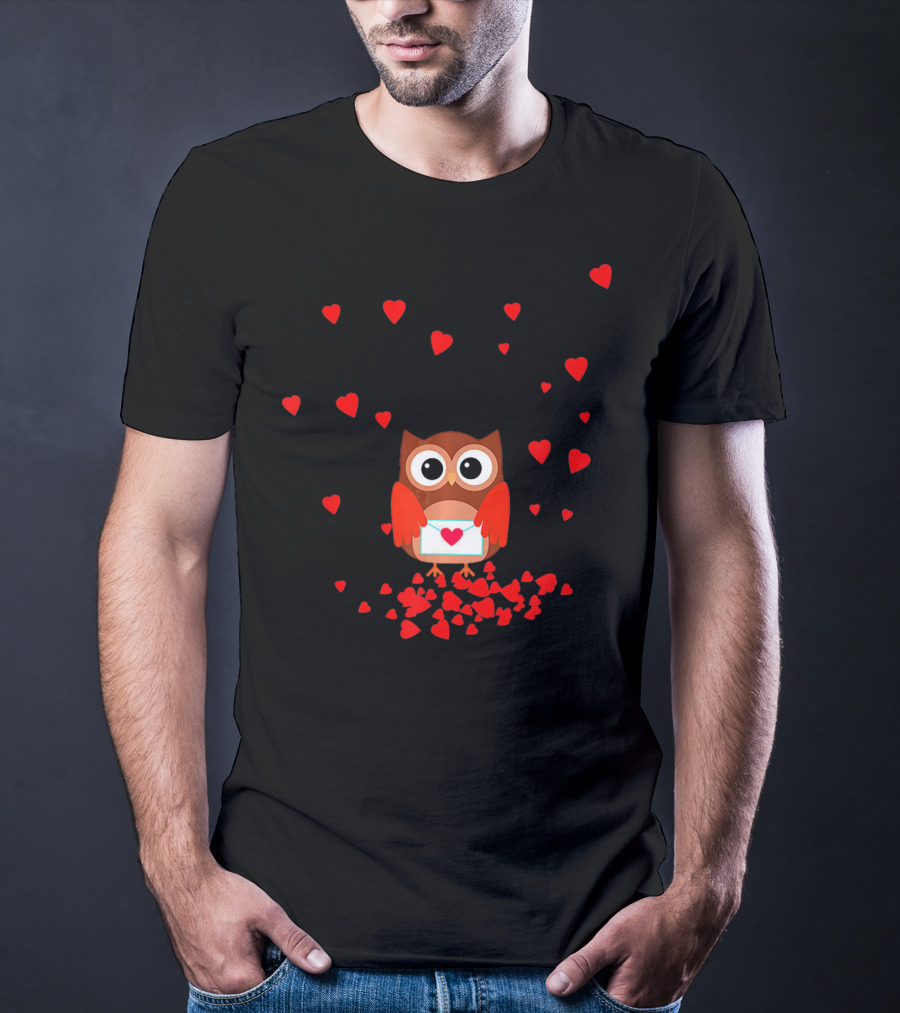 Valentine Owl Holding Love Letter Surrounded By Hearts T-Shirt