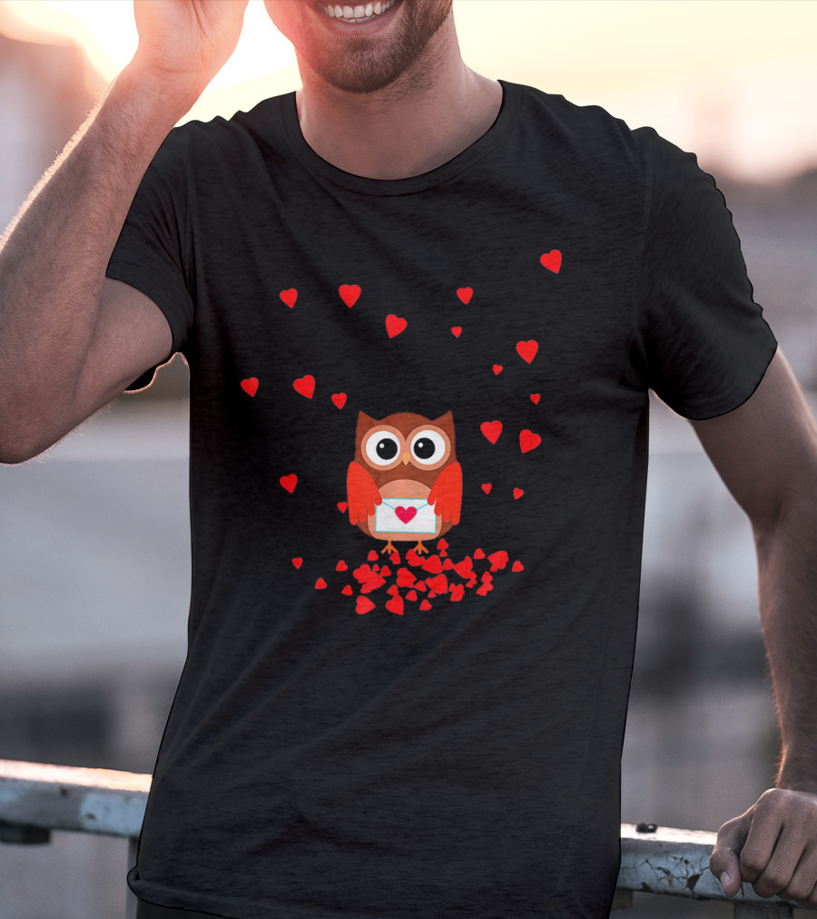 Valentine Owl Holding Love Letter Surrounded By Hearts T-Shirt