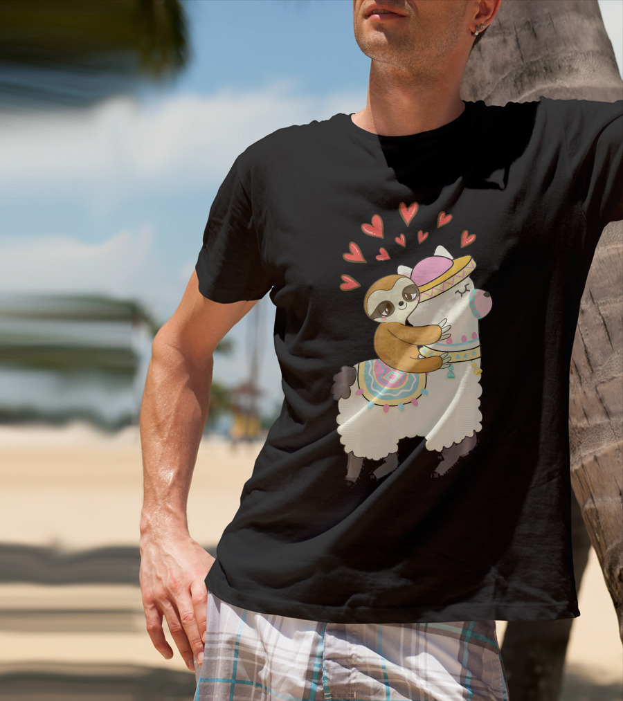 Cute Sloth Riding Llama Heart Va Love Llama Adventure T-Shirt