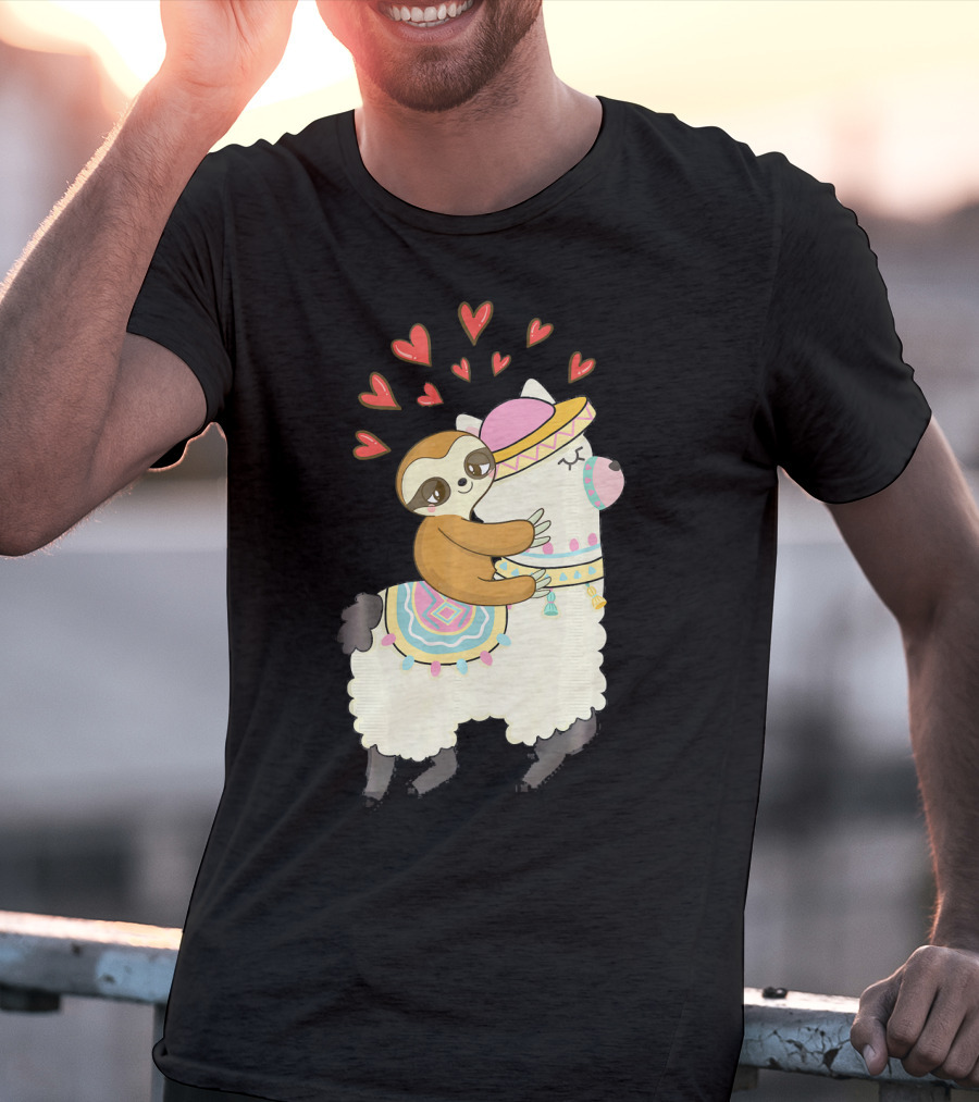 Cute Sloth Riding Llama Heart Va Love Llama Adventure T-Shirt
