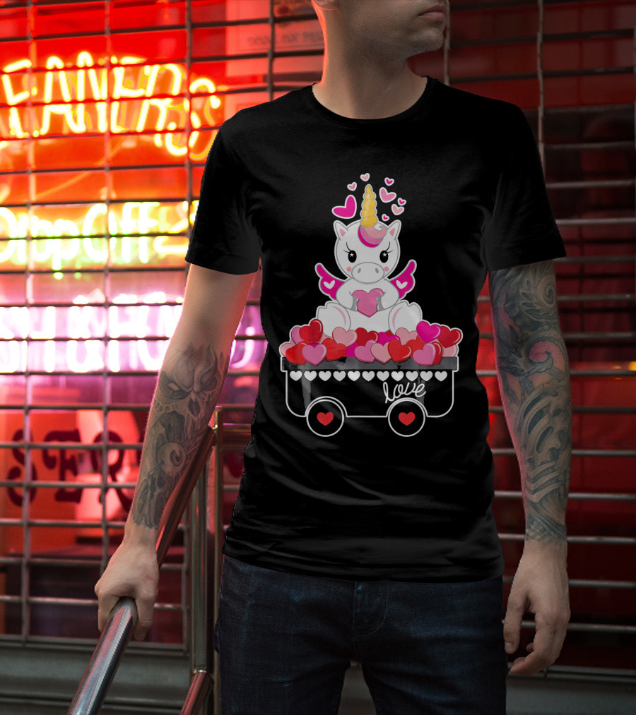 Valentines Day Unicorn Love Wagon With Hearts T-Shirt