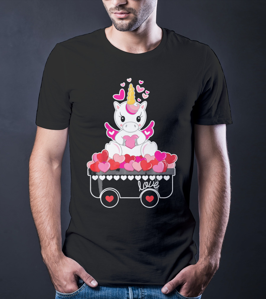 Valentines Day Unicorn Love Wagon With Hearts T-Shirt