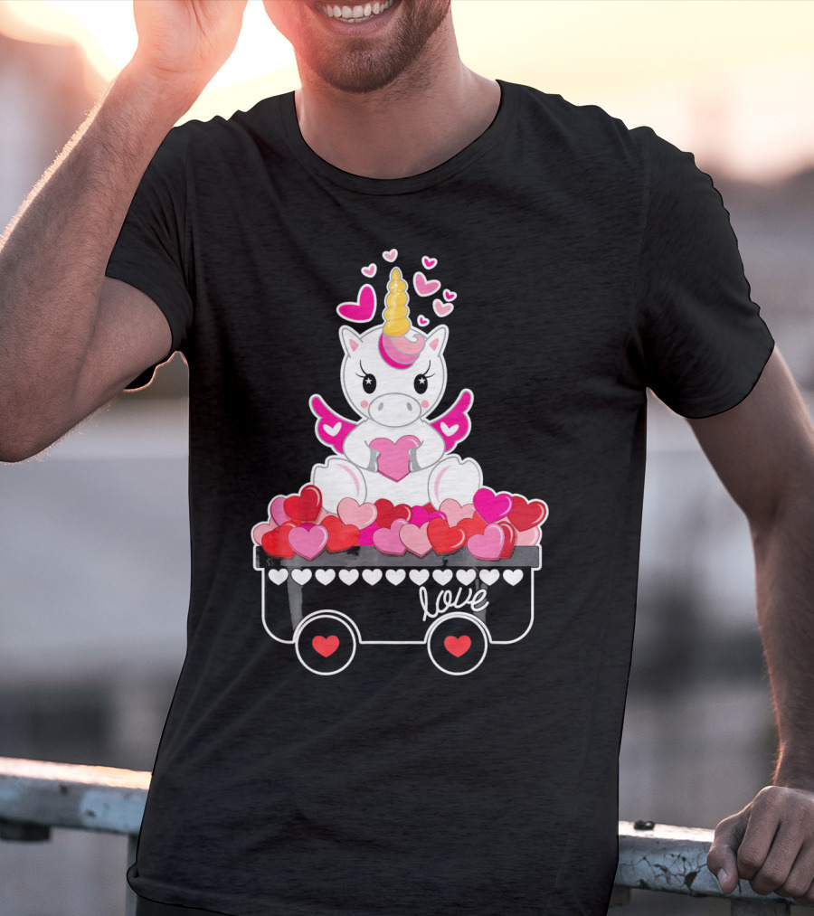 Valentines Day Unicorn Love Wagon With Hearts T-Shirt