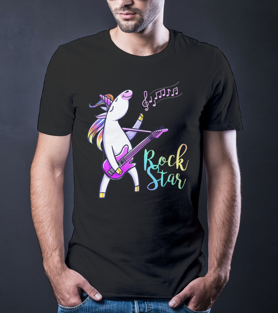 Unicorn Rock Star With Guitar And Musical Notes T-Shirt