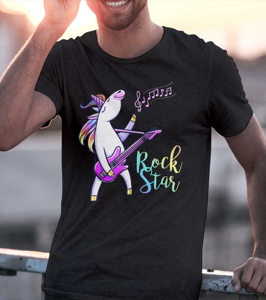 Unicorn Rock Star With Guitar And Musical Notes T-Shirt
