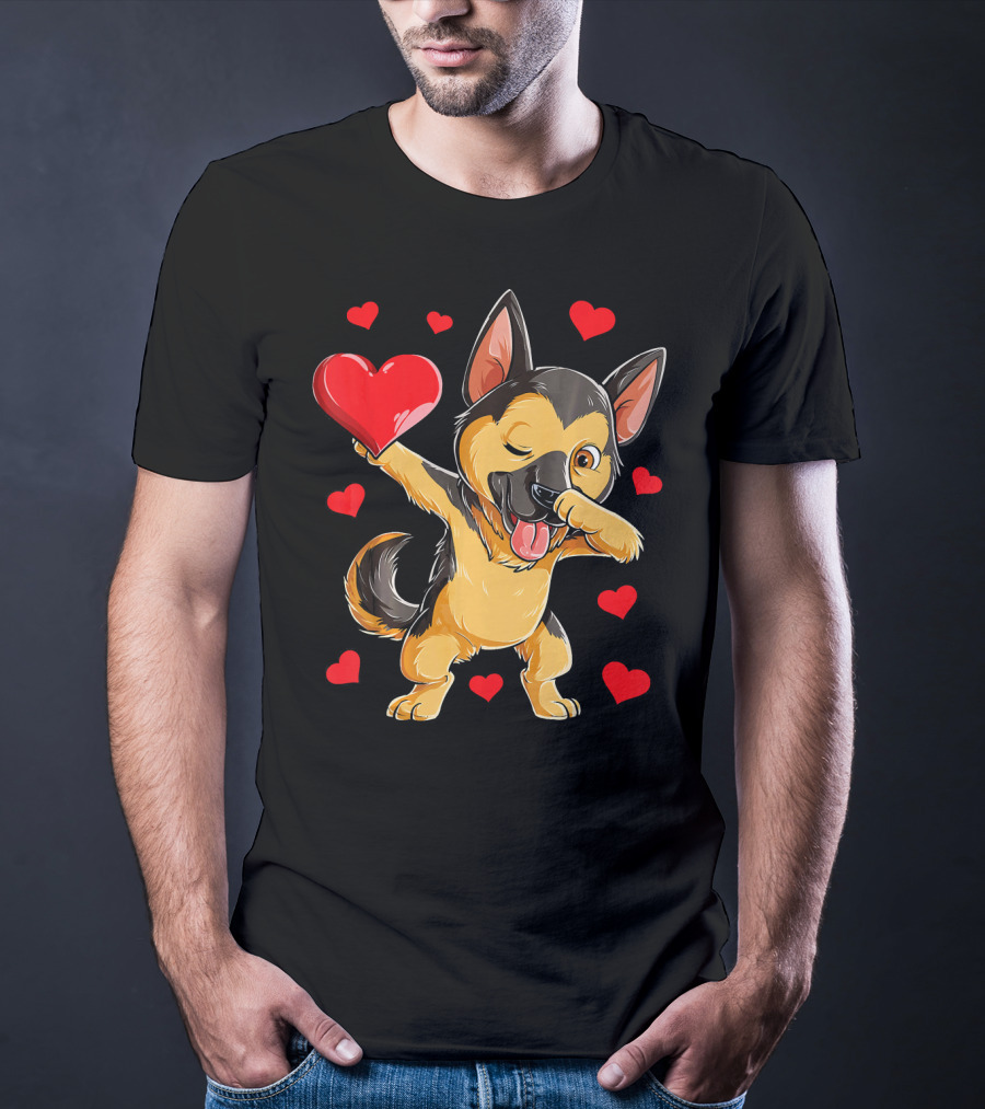 Dabbing German Shepherd Holding Heart Surrounded By Red Valentines Hearts T-Shirt