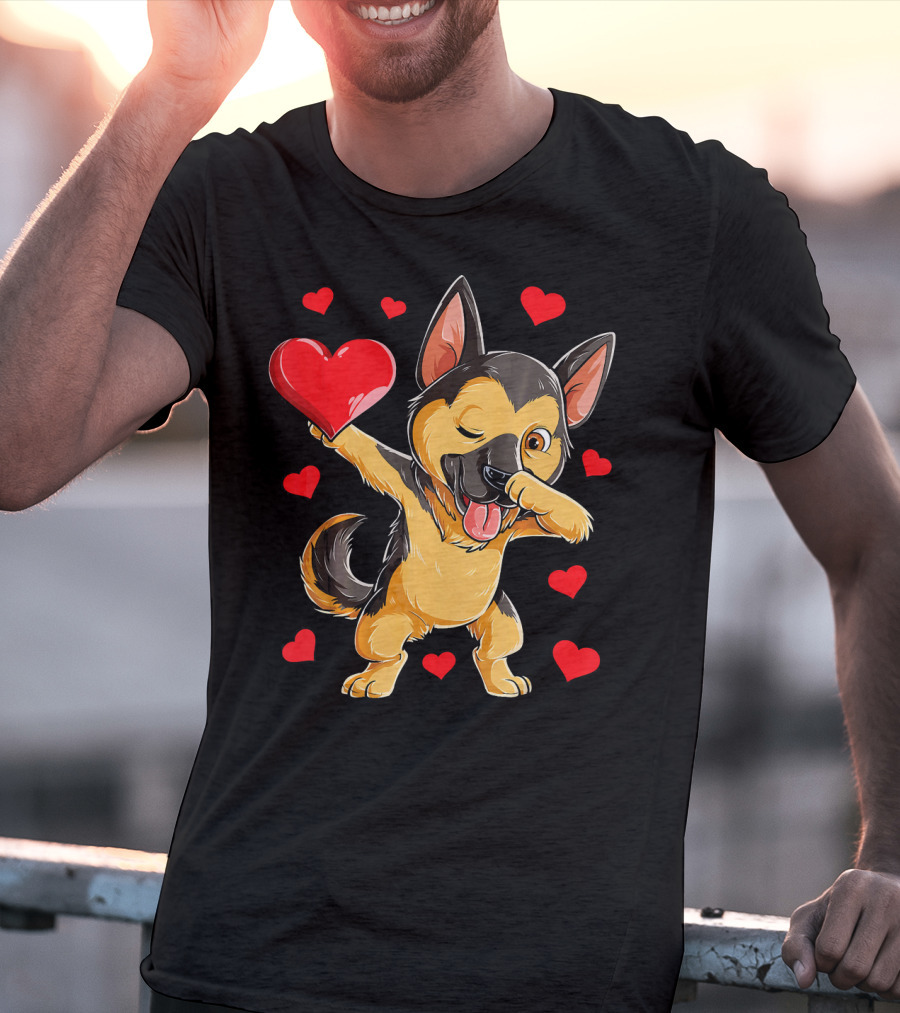Dabbing German Shepherd Holding Heart Surrounded By Red Valentines Hearts T-Shirt