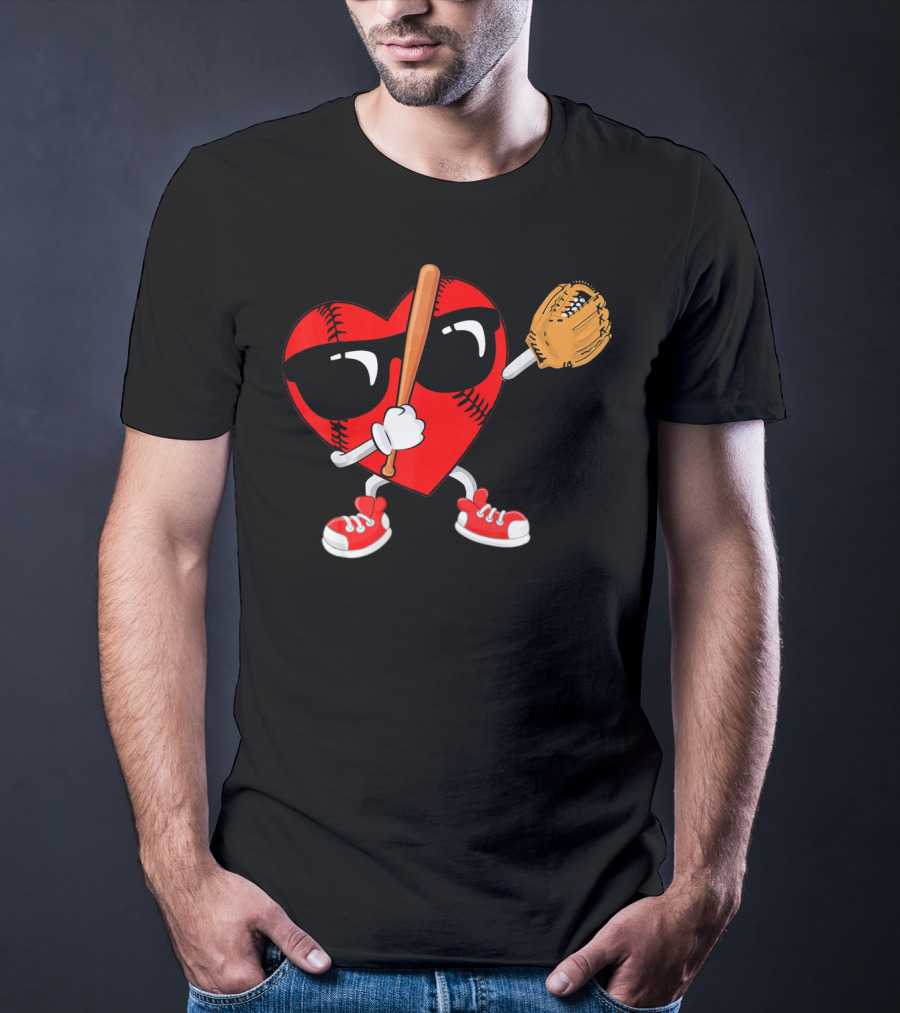 Dabbing Heart Baseball Love Valentines Sunglasses And Sneakers T-Shirt