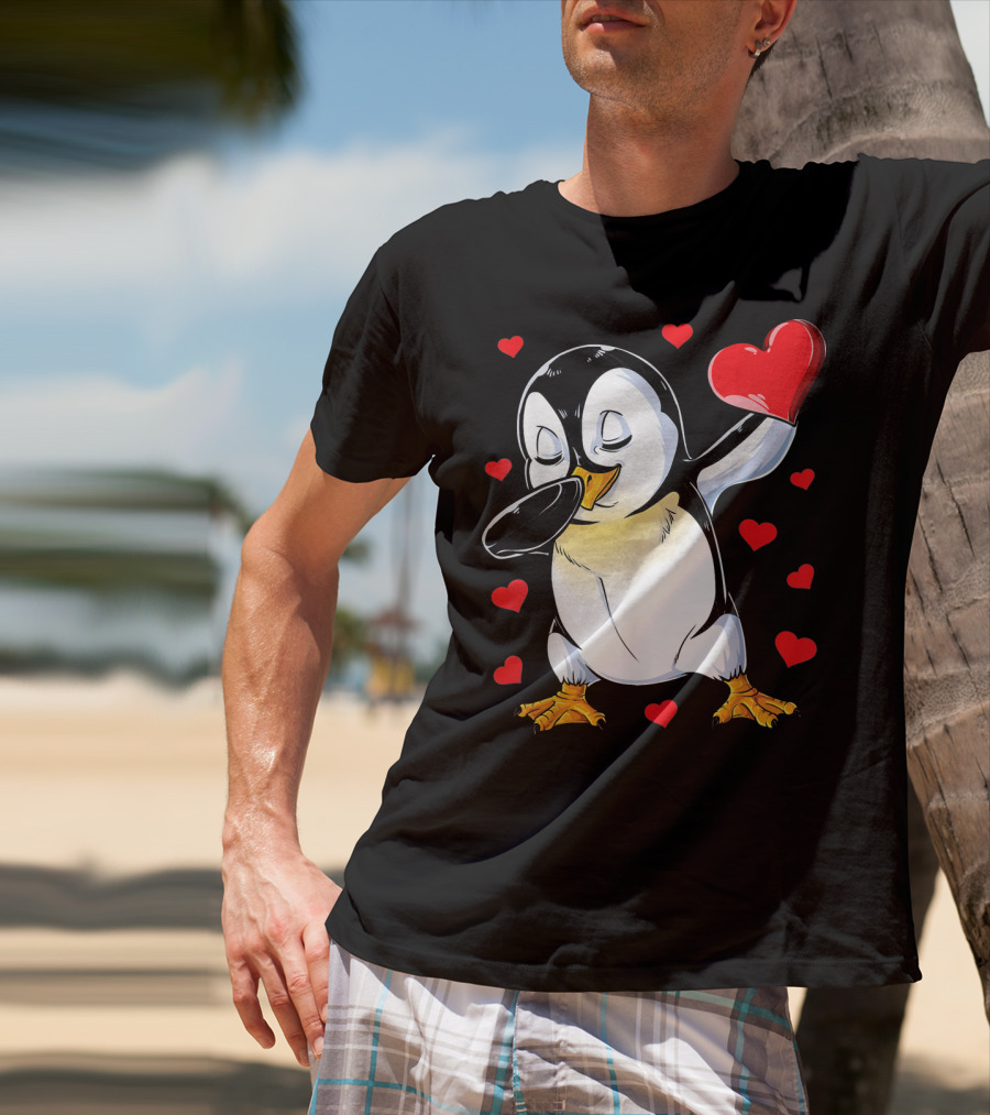 Valentines Dabbing Penguin With Heart Surrounded By Red Hearts T-Shirt