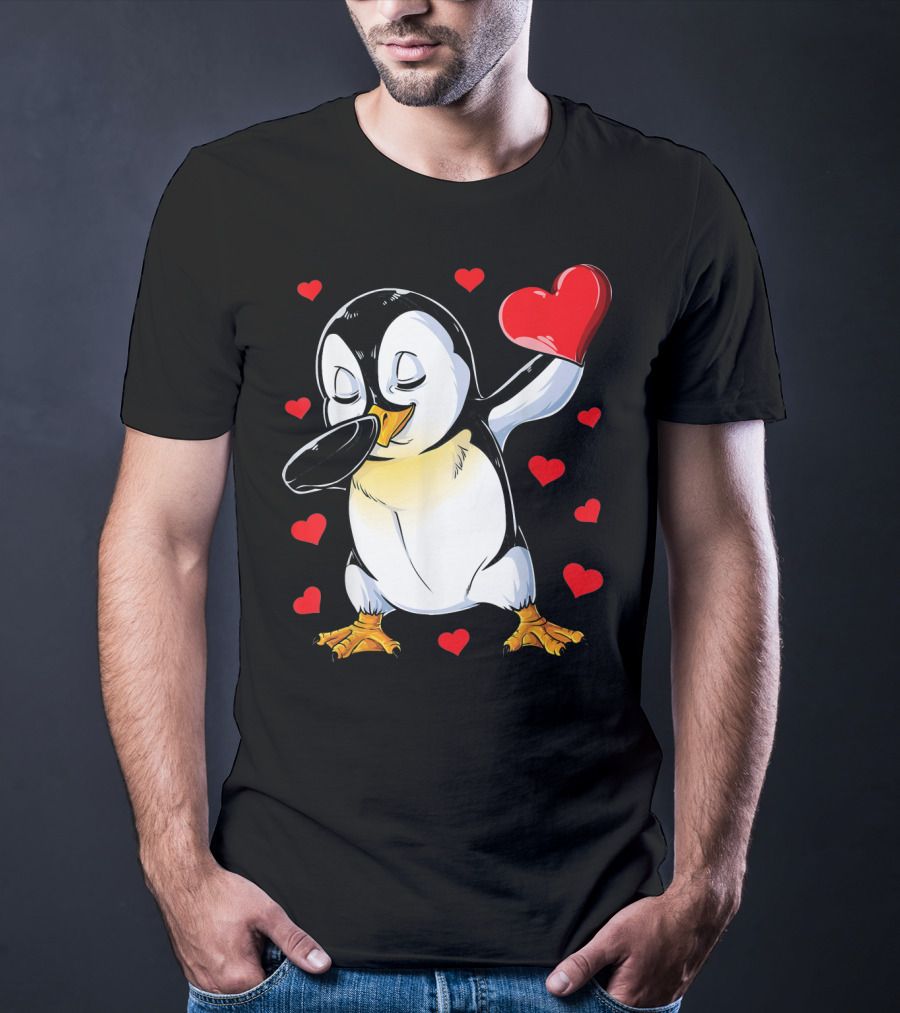 Valentines Dabbing Penguin With Heart Surrounded By Red Hearts T-Shirt
