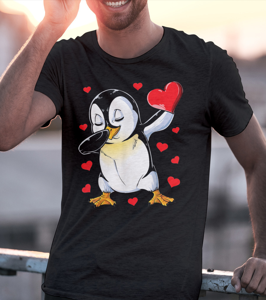 Valentines Dabbing Penguin With Heart Surrounded By Red Hearts T-Shirt