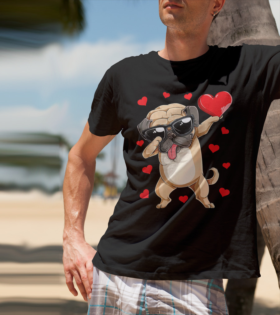 Dabbing Pug Holding Heart Surrounded By Red Hearts Valentines Day T-Shirt