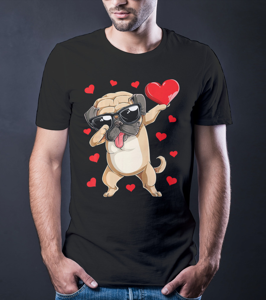 Dabbing Pug Holding Heart Surrounded By Red Hearts Valentines Day T-Shirt