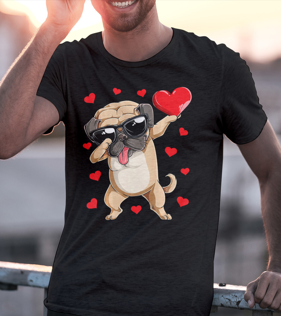 Dabbing Pug Holding Heart Surrounded By Red Hearts Valentines Day T-Shirt
