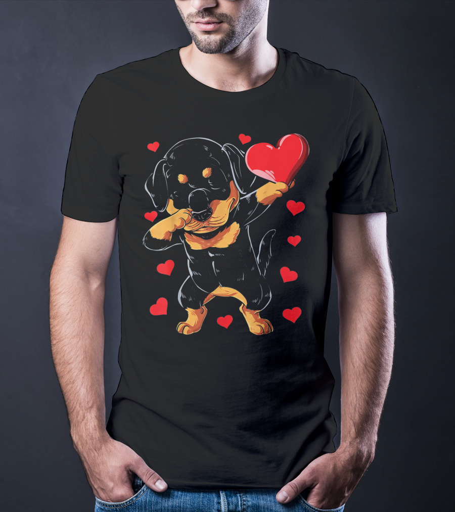 Dabbing Rottweiler Heart Valentine With Red Hearts T-Shirt