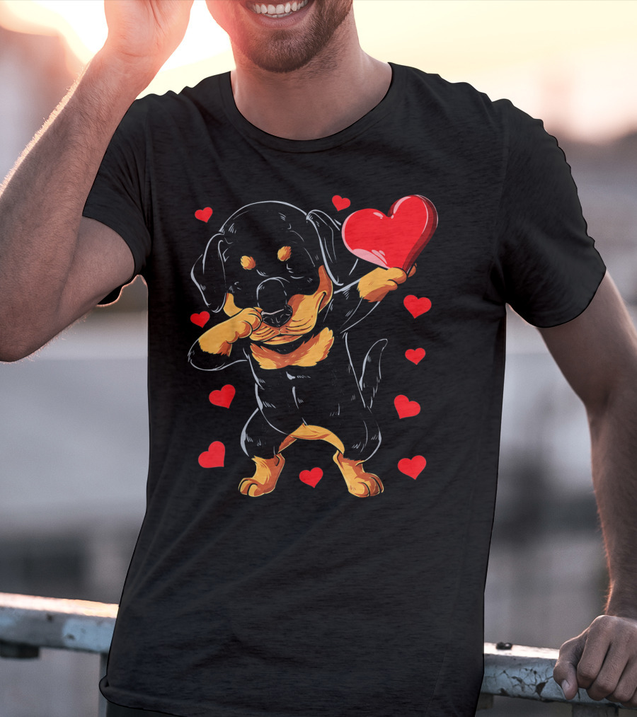 Dabbing Rottweiler Heart Valentine With Red Hearts T-Shirt