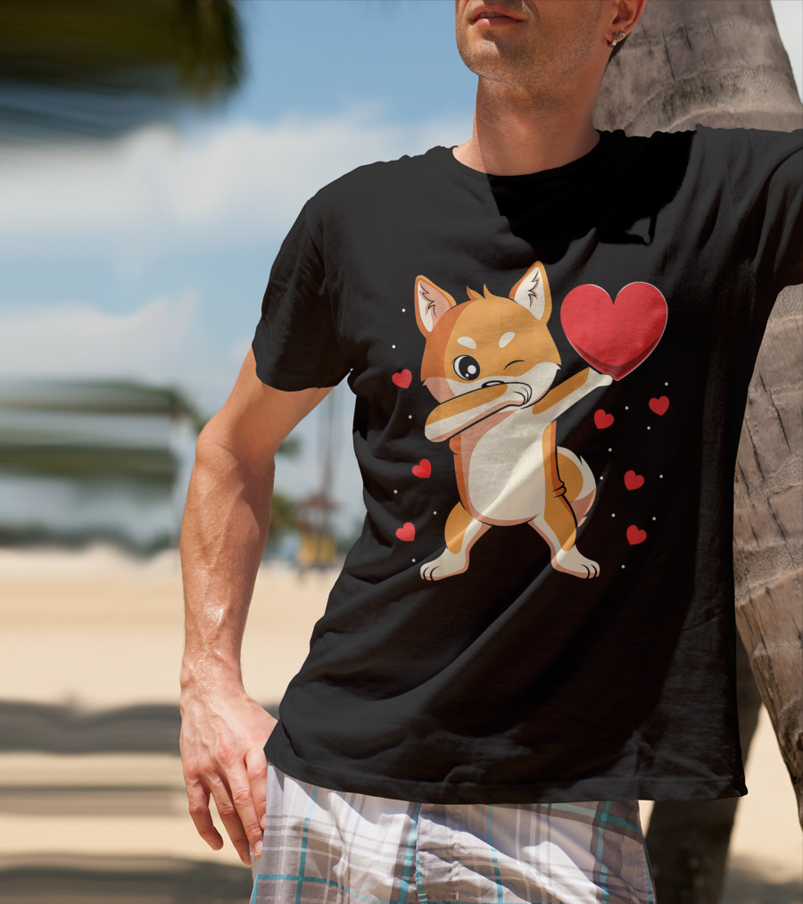 Dabbing Shiba Inu Holding Heart Valentine’s Day Dog With Hearts T-Shirt