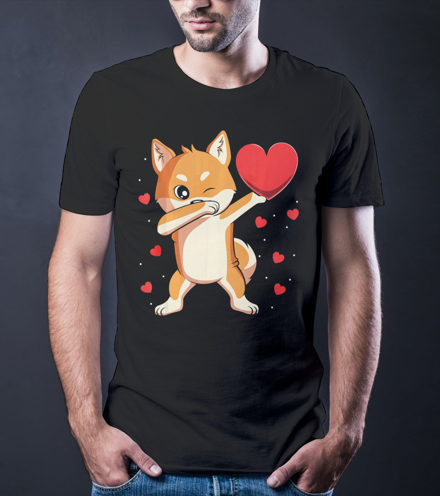 Dabbing Shiba Inu Holding Heart Valentine’s Day Dog With Hearts T-Shirt