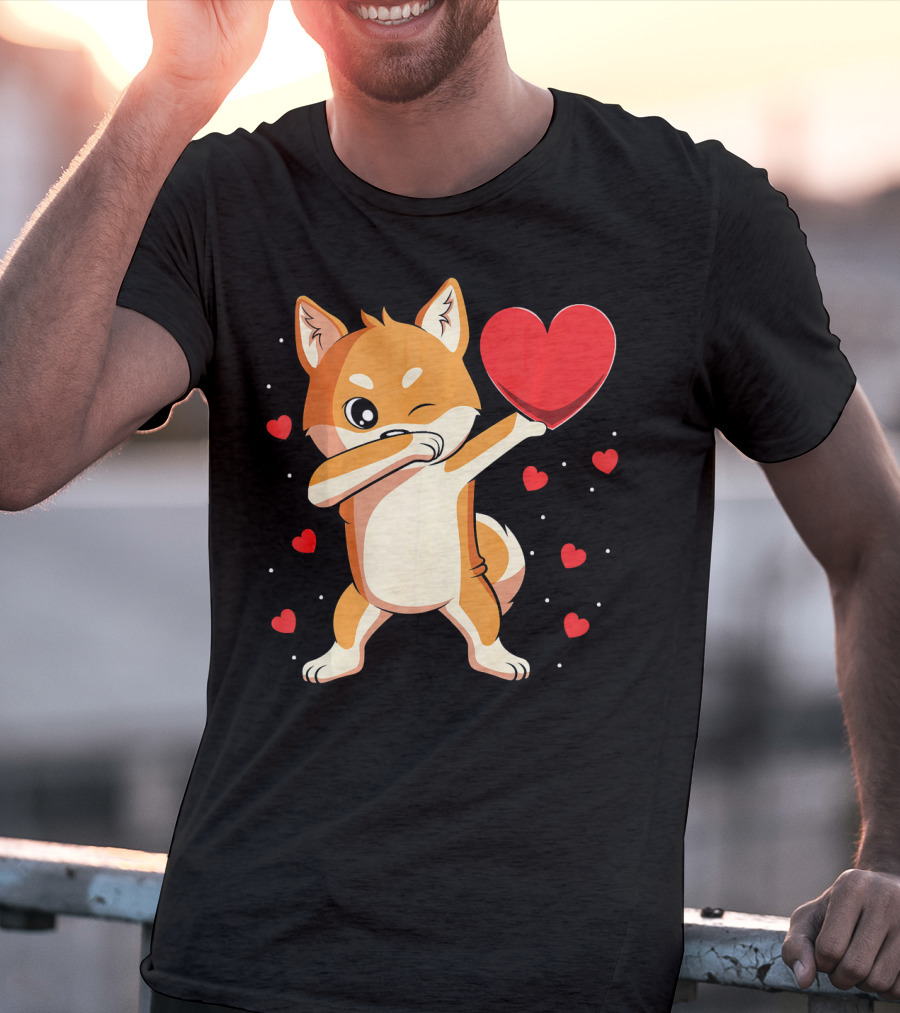Dabbing Shiba Inu Holding Heart Valentine’s Day Dog With Hearts T-Shirt