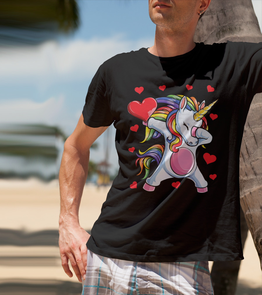 Rainbow Dabbing Unicorn With Hearts Valentine's T-Shirt