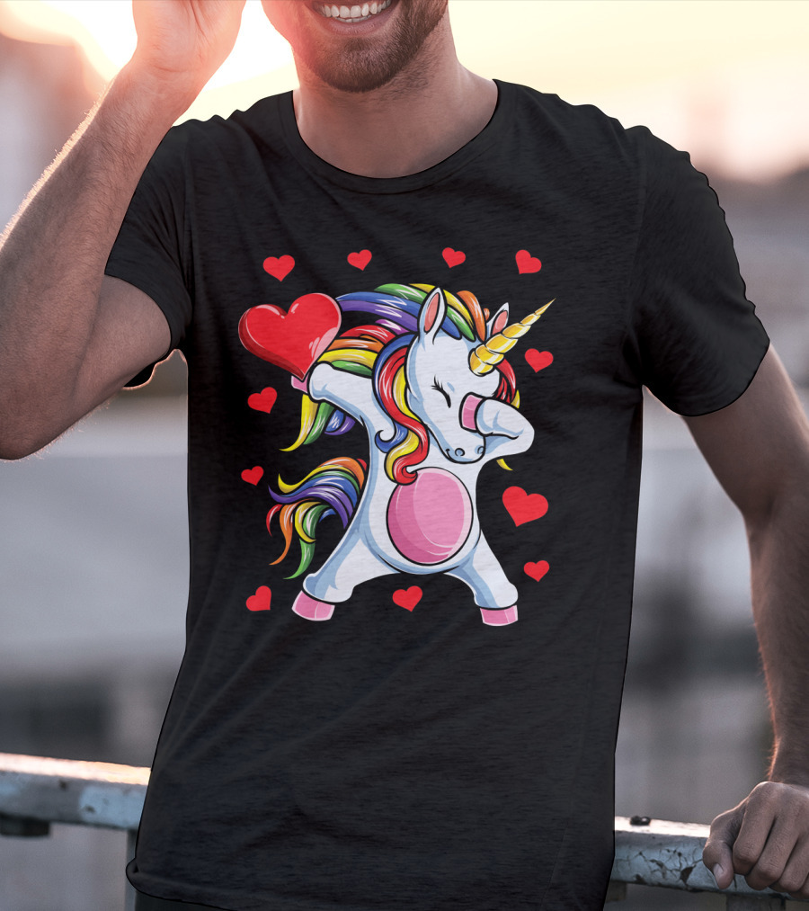 Rainbow Dabbing Unicorn With Hearts Valentine's T-Shirt