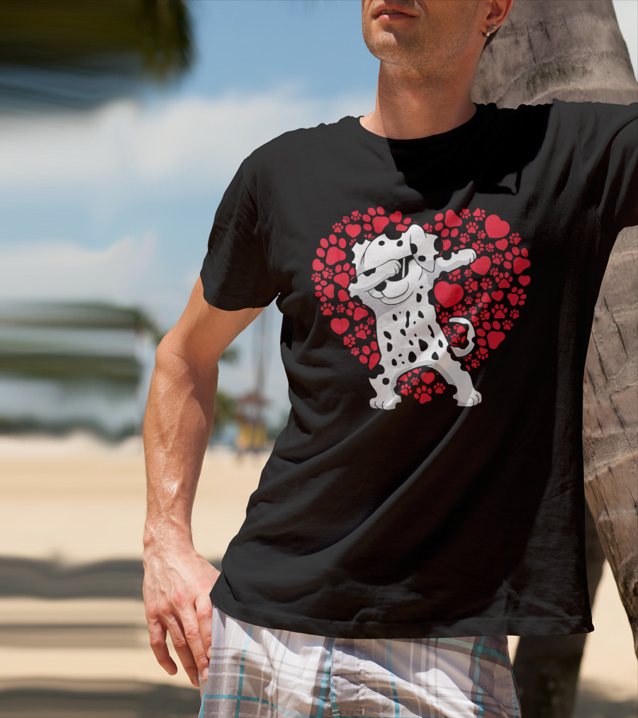 Dalmatian Dog Dabbing With Heart-Shaped Paw Print Valentine Fun T-Shirt