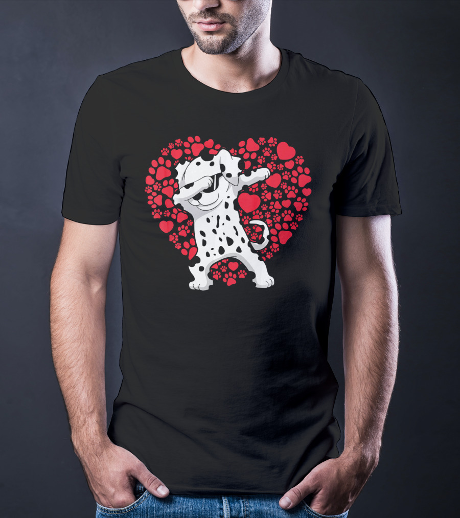 Dalmatian Dog Dabbing With Heart-Shaped Paw Print Valentine Fun T-Shirt