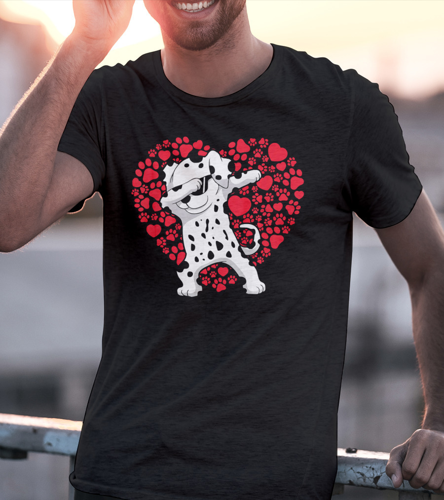Dalmatian Dog Dabbing With Heart-Shaped Paw Print Valentine Fun T-Shirt