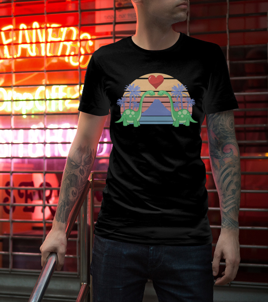 Dino Valentine Romantic Sunset With Heart And Palm Trees T-Shirt