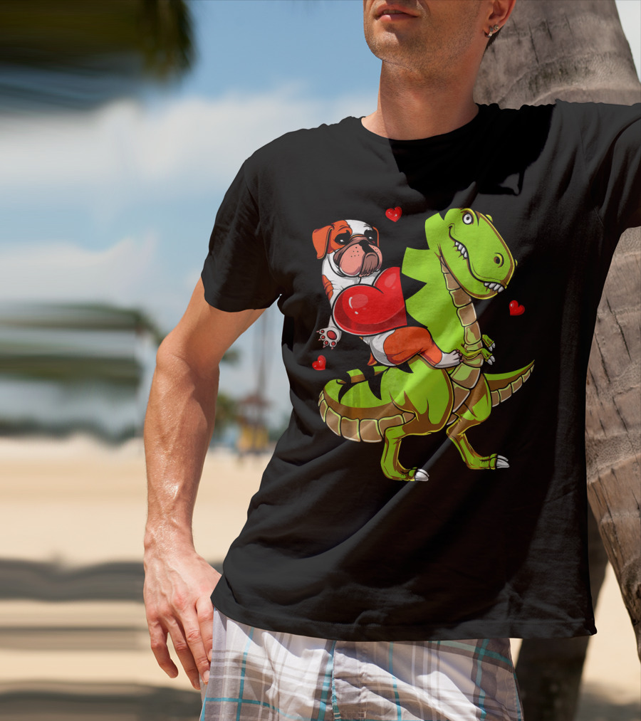 English Bulldog Hugging Red Heart Riding Green T-Rex Dinosaur With Hearts T-Shirt