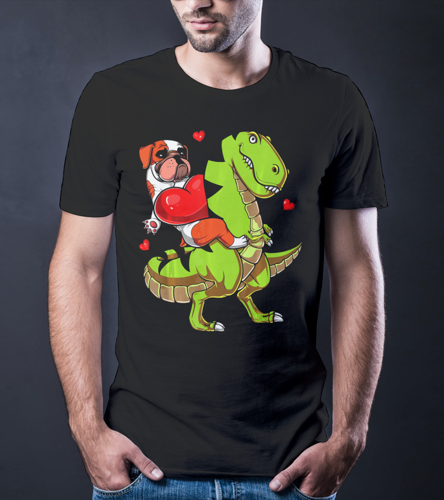 English Bulldog Hugging Red Heart Riding Green T-Rex Dinosaur With Hearts T-Shirt