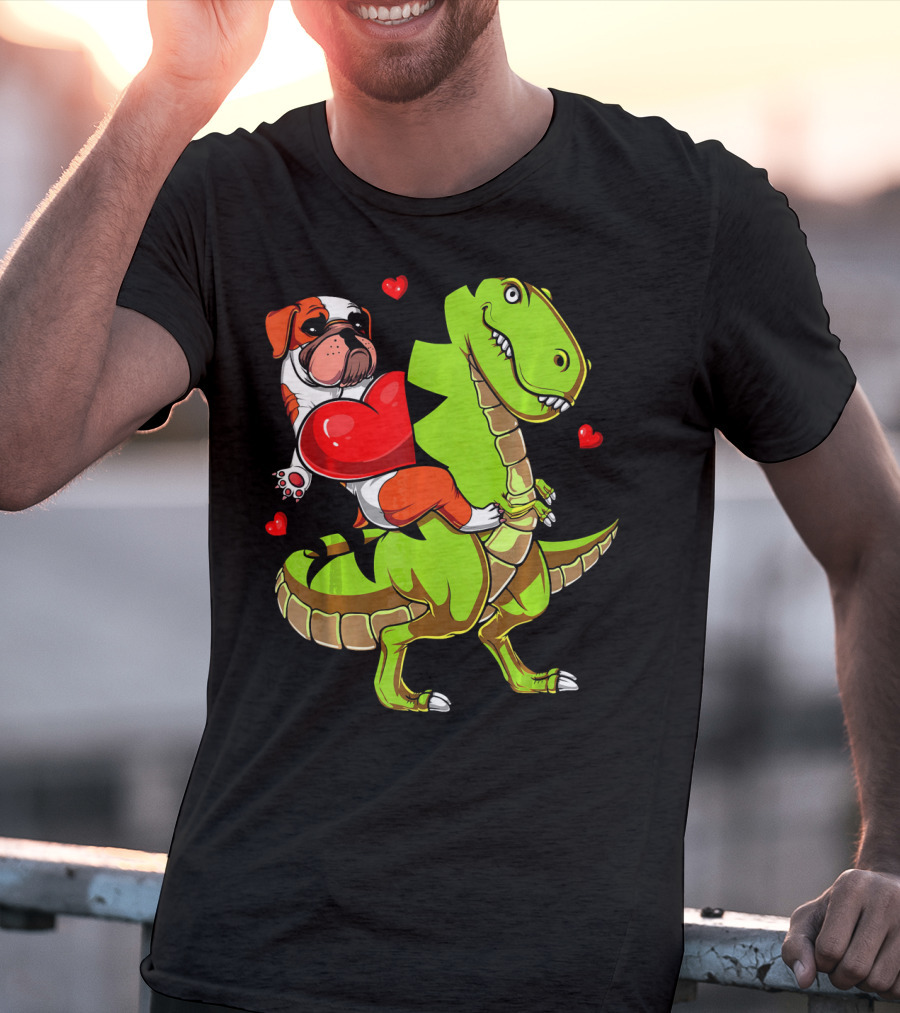 English Bulldog Hugging Red Heart Riding Green T-Rex Dinosaur With Hearts T-Shirt