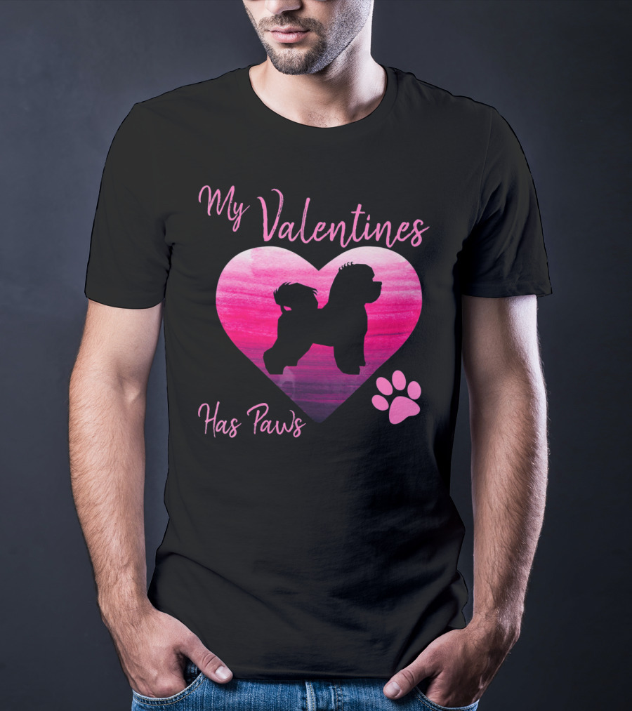 My Valentines Has Paws Bichon Frise Heart And Pawprint T-Shirt