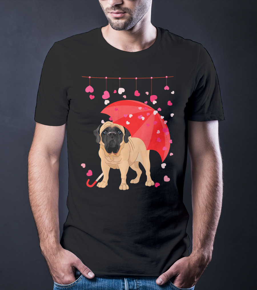 English Mastiff Under Red Umbrella With Raining Hearts Valentine T-Shirt