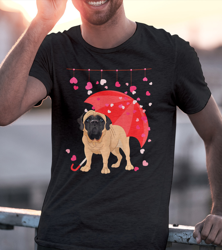 English Mastiff Under Red Umbrella With Raining Hearts Valentine T-Shirt