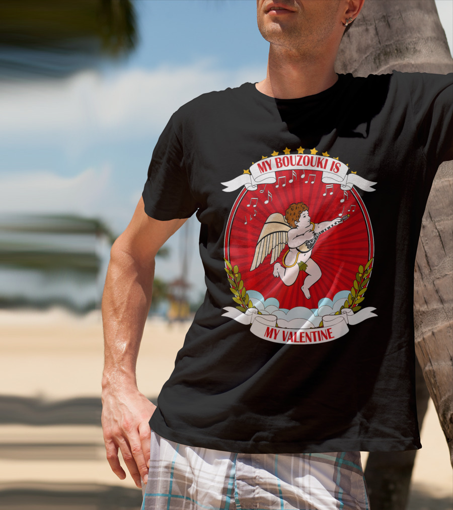 My Bouzouki Is My Valentine Cherub With Wings And Musical Notes T-Shirt
