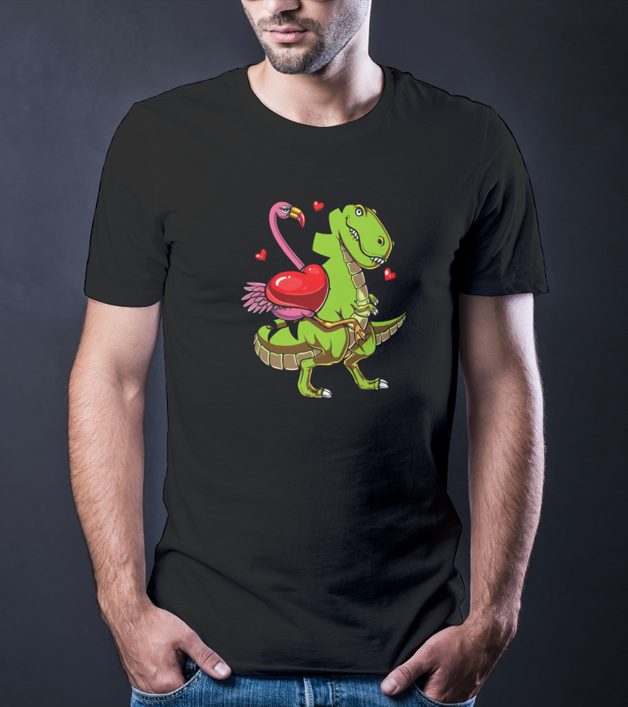 Flamingo Riding T-Rex Dinosaur With Hearts T-Shirt