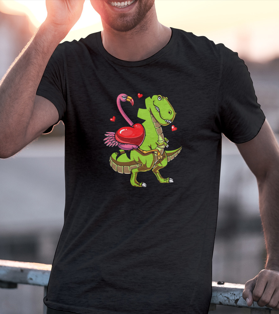 Flamingo Riding T-Rex Dinosaur With Hearts T-Shirt