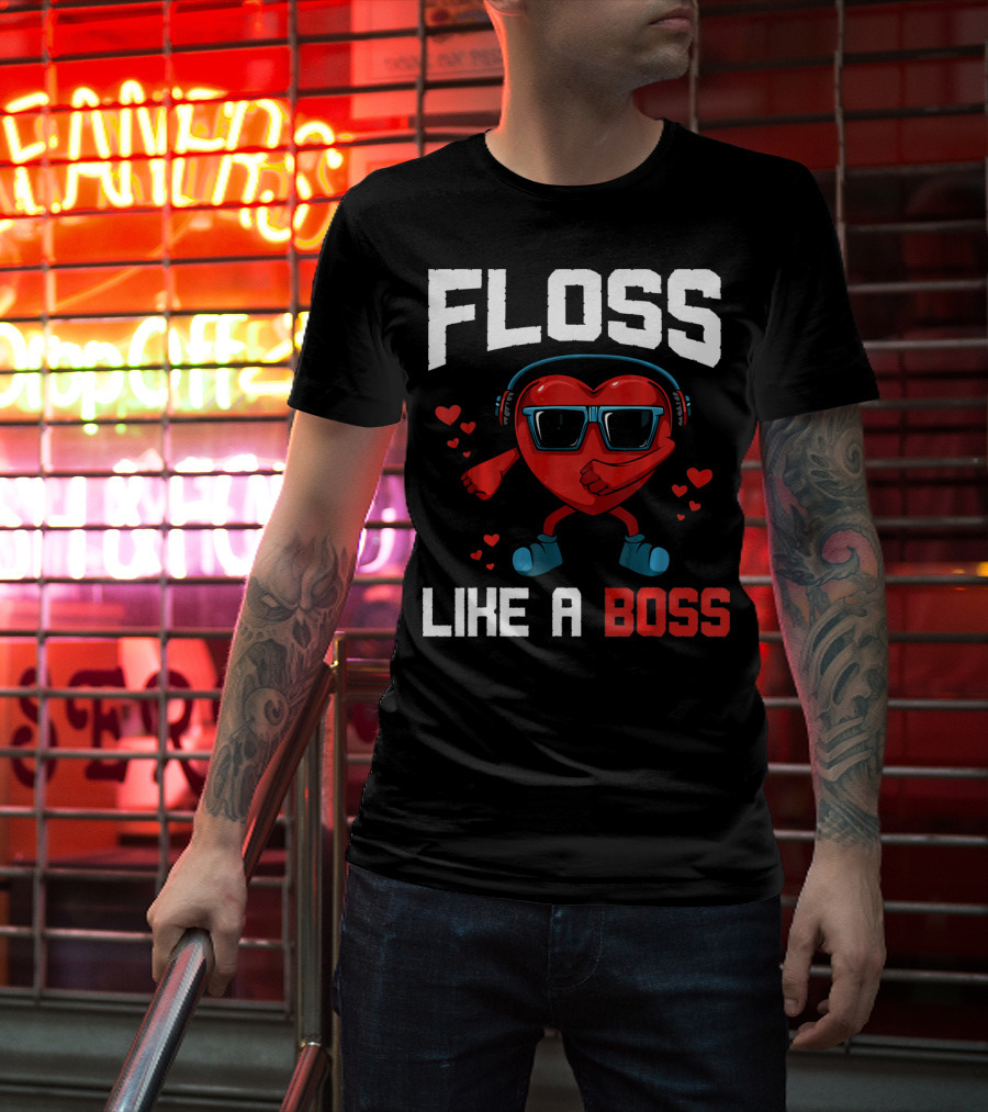 Floss Like A Boss Heart Sunglasses Headphones Valentine's Day T-Shirt