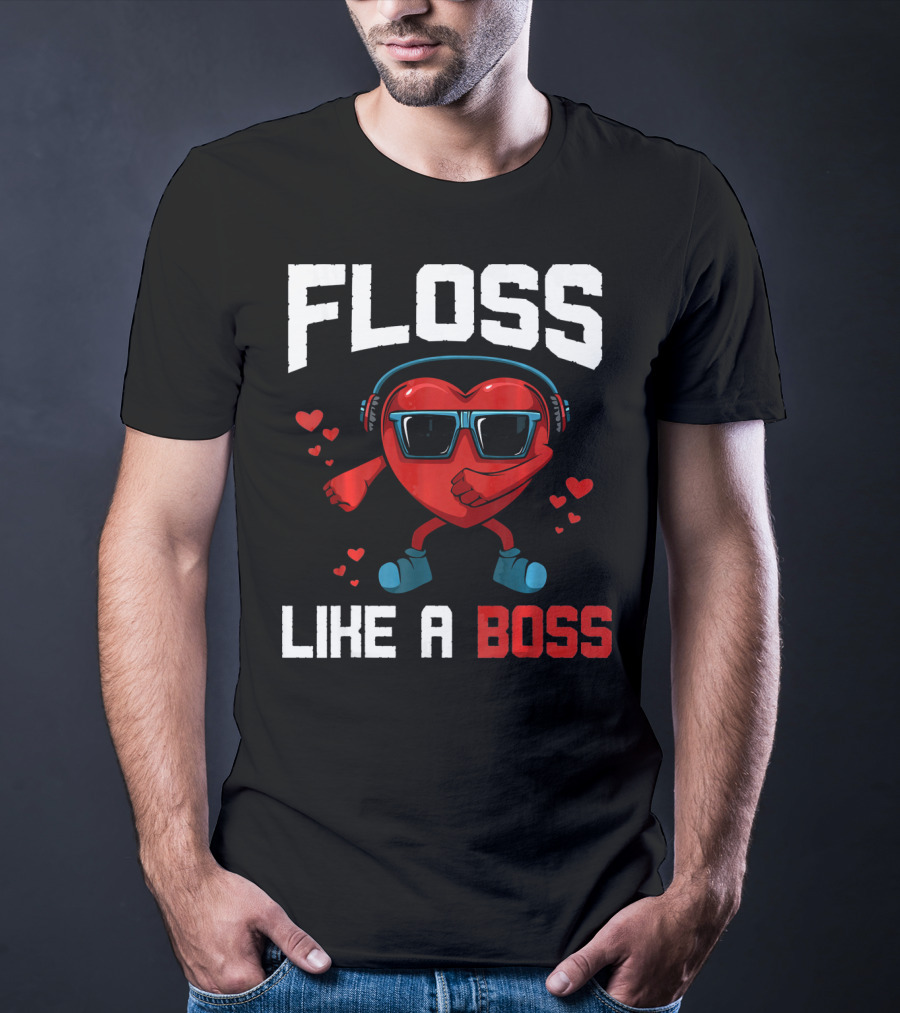 Floss Like A Boss Heart Sunglasses Headphones Valentine's Day T-Shirt