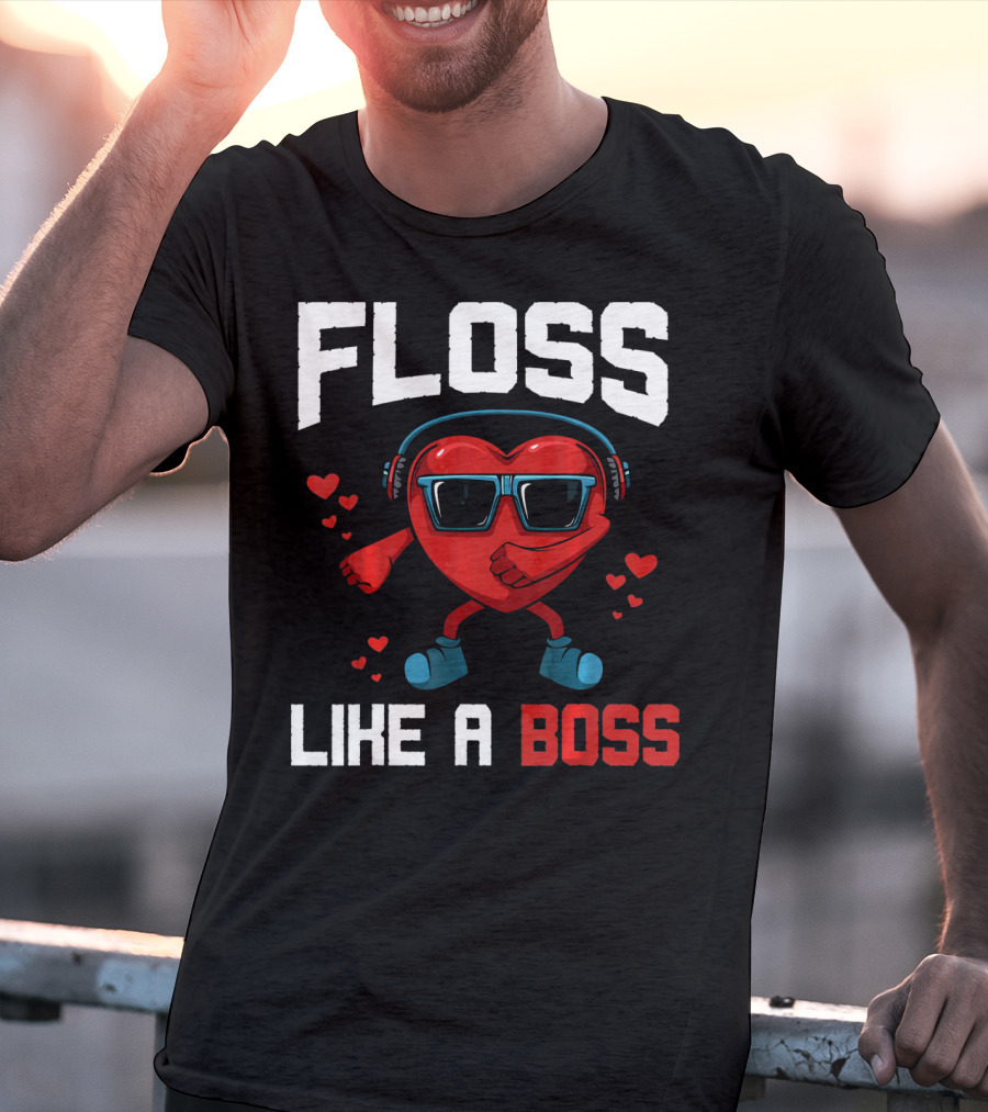 Floss Like A Boss Heart Sunglasses Headphones Valentine's Day T-Shirt