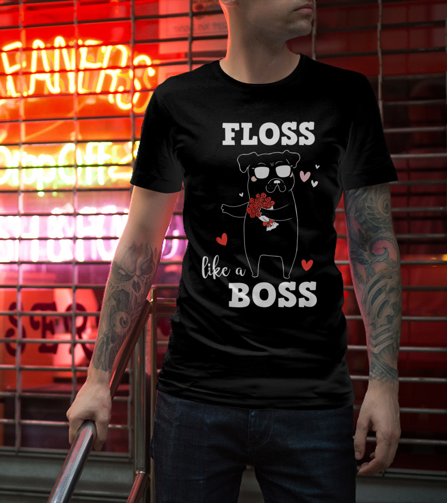 Floss Like A Boss Valentines Day Dog Holding Flowers With Hearts T-Shirt