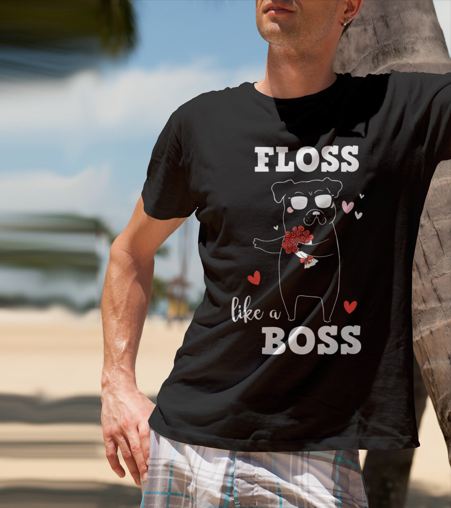 Floss Like A Boss Valentines Day Dog Holding Flowers With Hearts T-Shirt